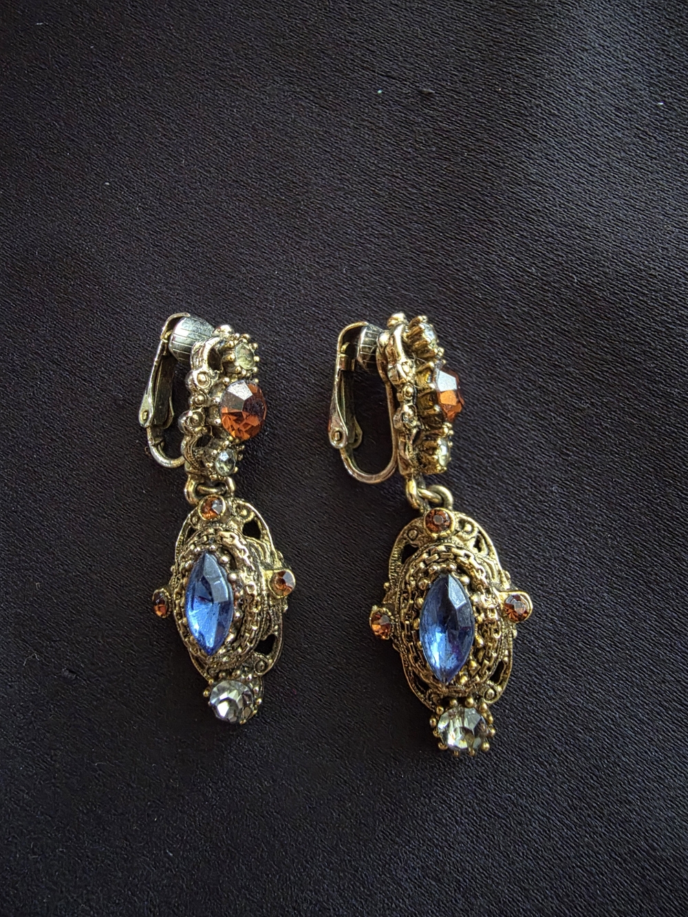1950s Signed Hollycraft Blue Rhinestone Dangle Clip Earrings